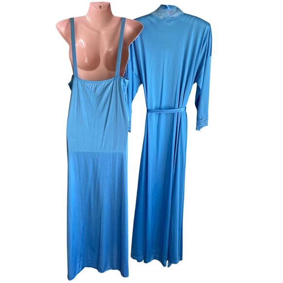 Vintage Vanity Fair Nightgown Robe Set Womens Large Blue Nylon Lace Trim 80s USA - Picture 4 of 6